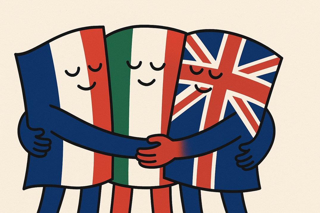 Le bandiere antropomorfiche di Francia, Italia e Regno Unito si abbracciano, simboleggiando lo scambio culturale e l'unione tra le nazioni.