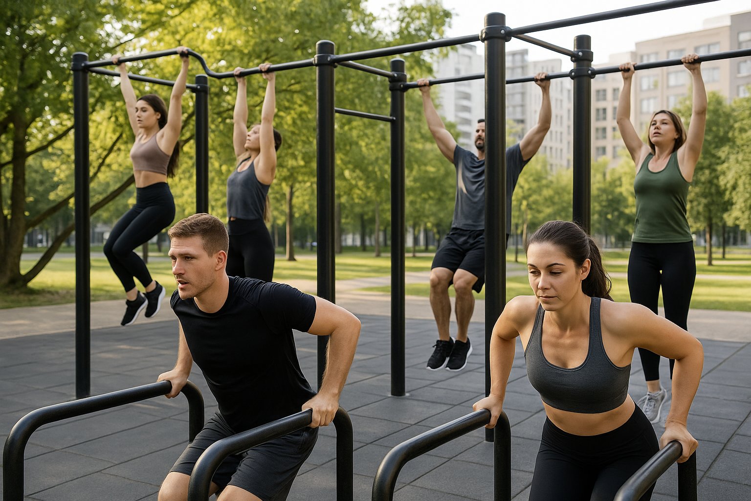 Persone che praticano calisthenics varese in un parco attrezzato all’aperto, eseguendo esercizi su barre parallele e sbarre in una scena urbana e realistica.