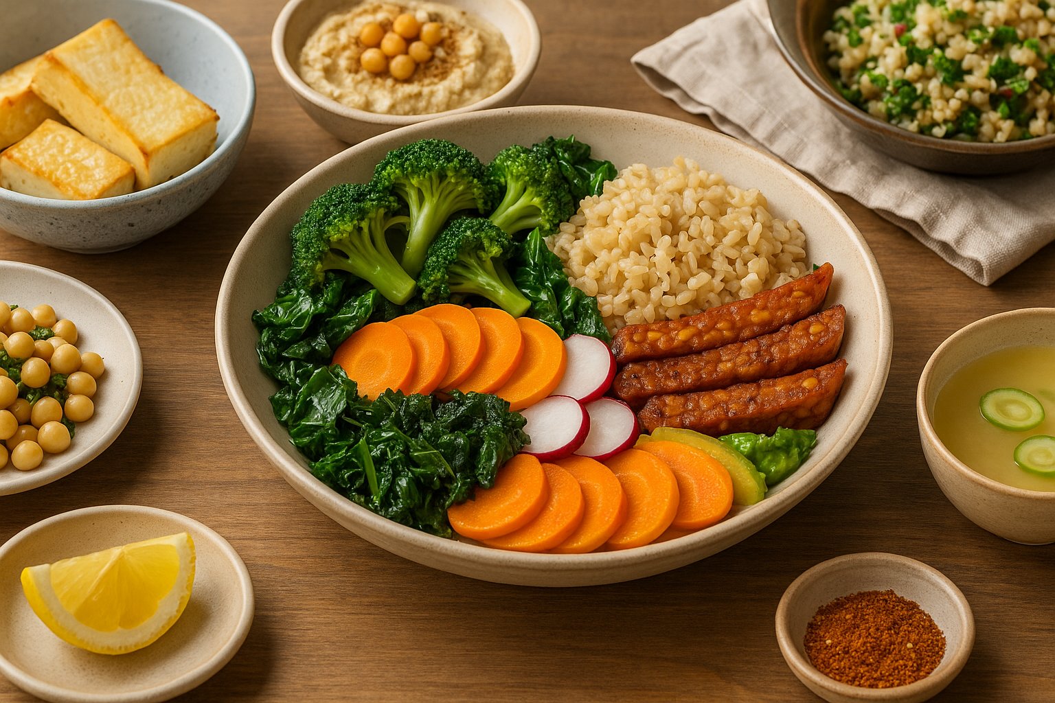 Fotografia realistica di piatti di cucina macrobiotica disposti su un tavolo di legno, con cereali integrali, verdure cotte e crude, tofu e zuppa di miso.