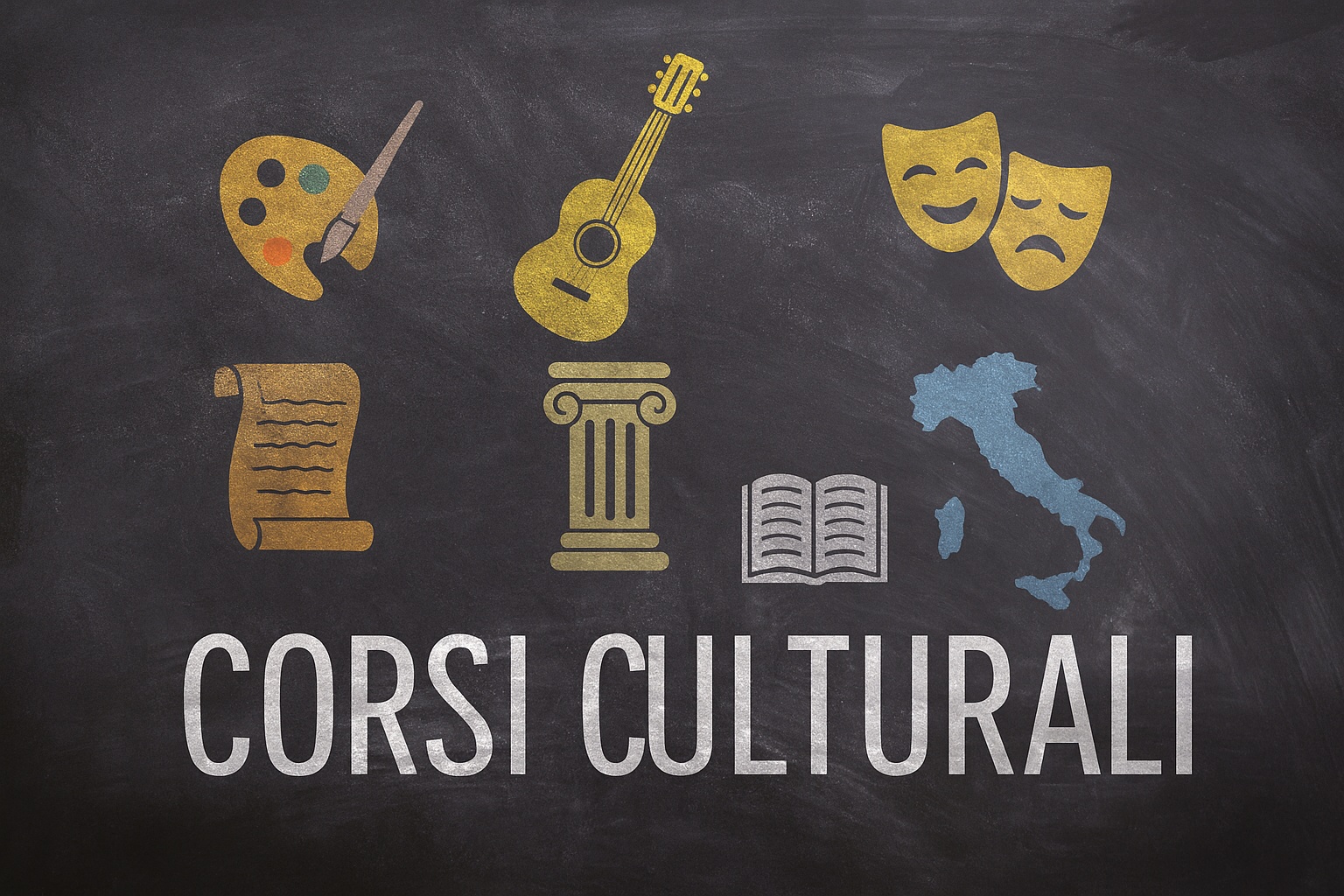 Disegni colorati su una lavagna rappresentano corsi culturali: una tavolozza con pennello, una chitarra, maschere teatrali, una pergamena, una colonna classica, un libro aperto e la sagoma dell’Italia, con la scritta “CORSI CULTURALI VARESE” in bianco nella parte inferiore.