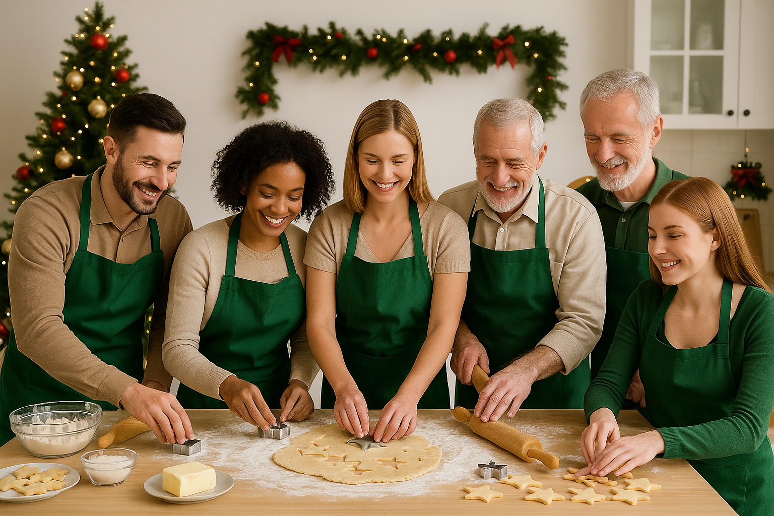 Un gruppo di sei persone di diverse età partecipa a un corso di cucina natalizia in una cucina decorata con un albero di Natale e ghirlande. Indossano grembiuli verdi e preparano insieme biscotti a forma di stella, sorridendo mentre impastano e tagliano la pasta. Sul tavolo ci sono farina, burro e stampini natalizi. L’atmosfera è festosa e accogliente.