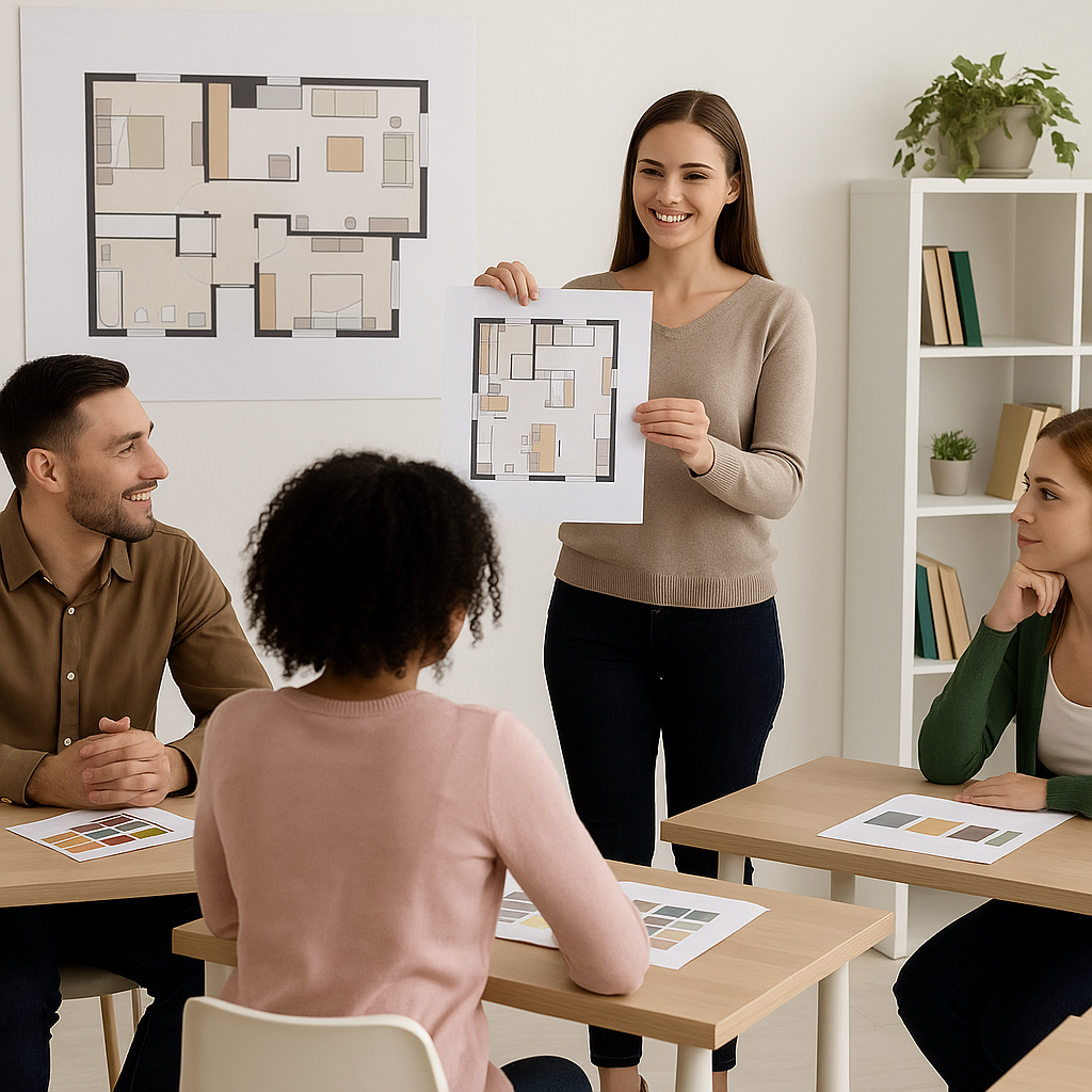 In un’aula moderna e luminosa, una giovane istruttrice mostra una planimetria di un appartamento a tre studenti durante un corso di interior design. I partecipanti, seduti ai banchi, osservano la planimetria e le palette di colori davanti a loro. Sulla parete è appeso un grande disegno tecnico con un progetto d’interni. Sullo sfondo si vedono scaffali con libri e piante decorative.