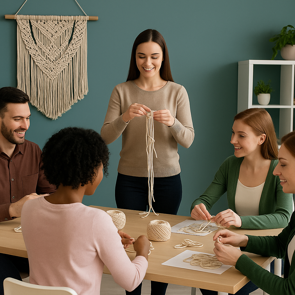 Quattro persone partecipano a un corso di macramè in un’aula luminosa e accogliente. L’insegnante, in piedi, mostra come intrecciare i fili, mentre i partecipanti seduti ai tavoli lavorano con gomitoli di corda chiara. Sul muro è appesa una grande decorazione di macramè, e sullo sfondo si vedono piante e libri su scaffali bianchi.