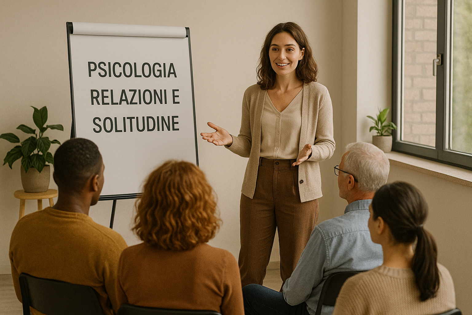 Una psicologa parla a un gruppo di adulti durante un corso di psicologia; sulla lavagna accanto a lei si legge la scritta “Psicologia, Relazioni e Solitudine”, in una stanza luminosa e accogliente.